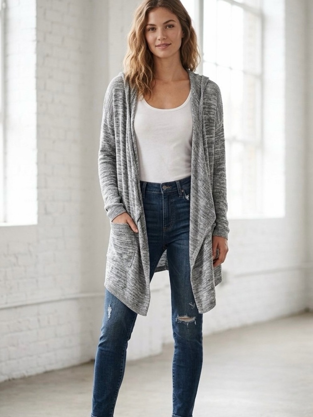 Abercrombie & Fitch Gray Open Front Hooded Cardigan Pockets XS/S